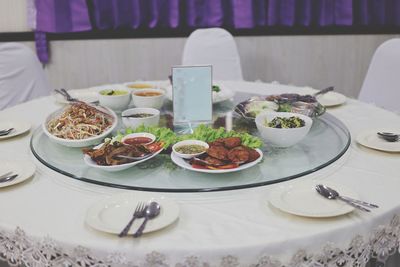 High angle view of food served on table