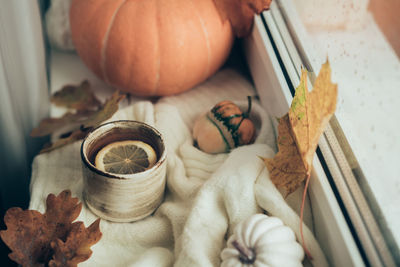 High angle view of pumpkins on table