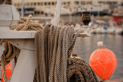 Close-up of rope tied on boat