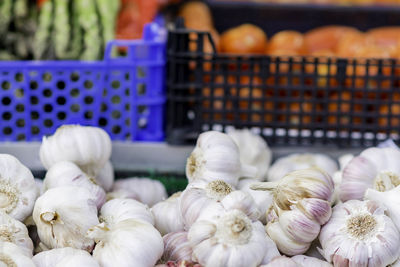 Close-up of garlics for sale in market