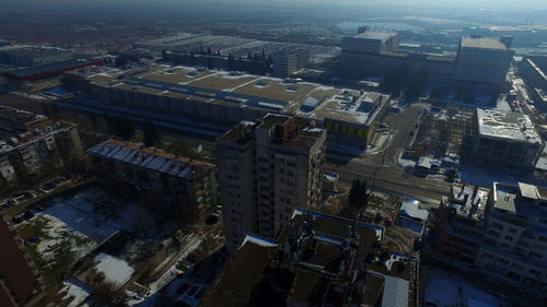 High angle view of illuminated cityscape