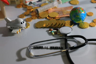 High angle view of various objects on table