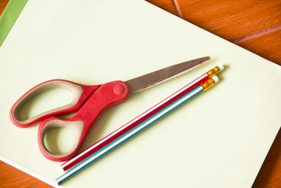 High angle view of colored pencils on table