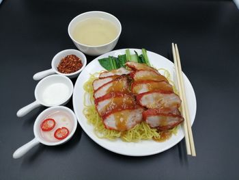 High angle view of breakfast on table