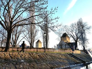 Bare trees by building against sky