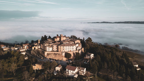 Aerial view of the medieval village of piticchio di arcevia in the province of ancona 