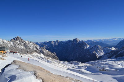 Scenic view of mountains against clear blue sky