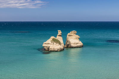 Rocks in sea against blue sky