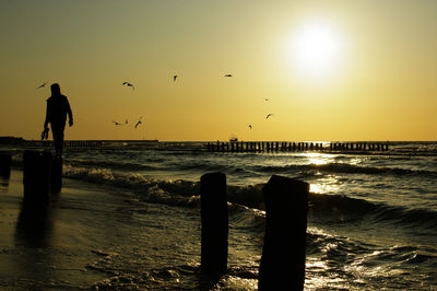 Silhouette man flying at beach against clear sky during sunset