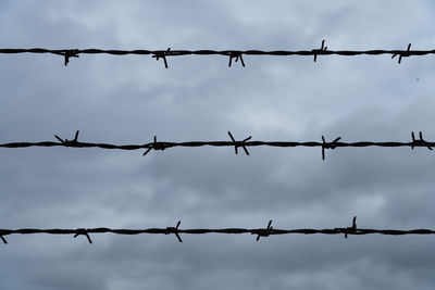 Close-up of barbed wire against sky