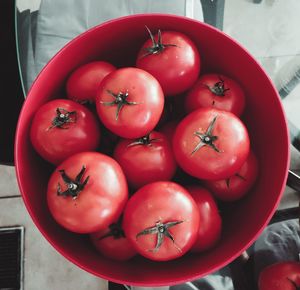 High angle view of red tomatoes in container