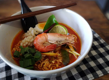 High angle view of soup in bowl on table