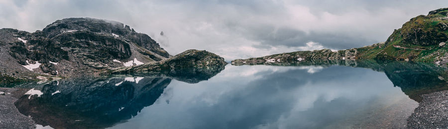 Panoramic view of lake and mountains against sky