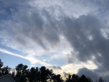 Low angle view of trees against cloudy sky