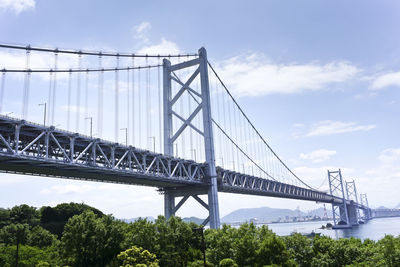 Low angle view of suspension bridge against sky