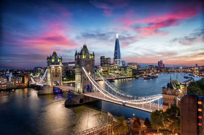 Illuminated buildings by river against sky in city