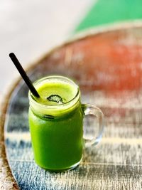 High angle view of drink on table