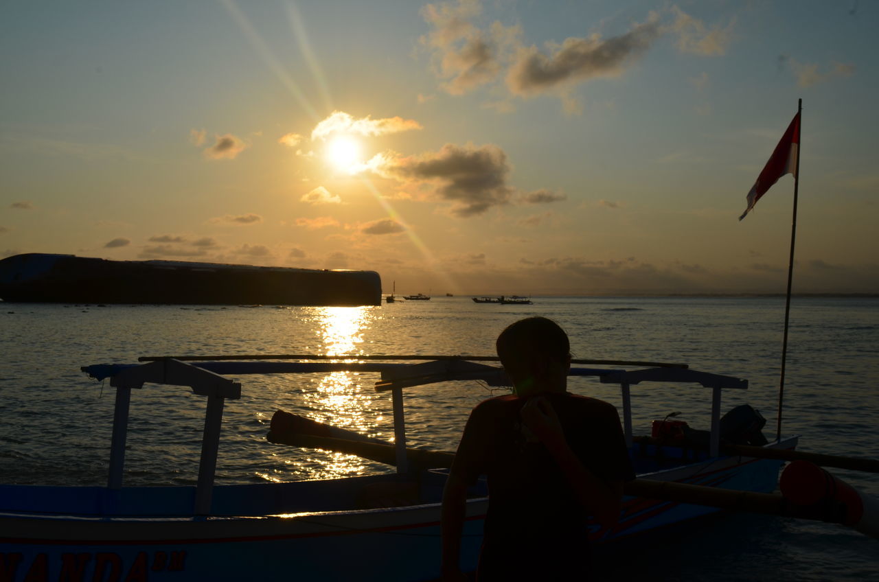 REAR VIEW OF SILHOUETTE MAN LOOKING AT SEA AT SUNSET