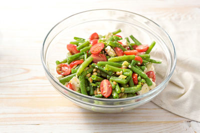 High angle view of salad in bowl on table