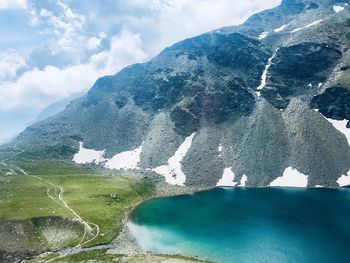 Scenic view of lake by mountains against sky