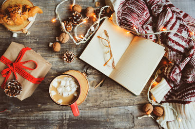 High angle view of christmas decorations on table