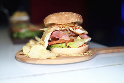 Close-up of burger in plate