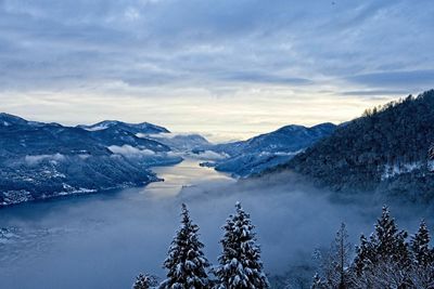 Scenic view of snowcapped mountains against sky