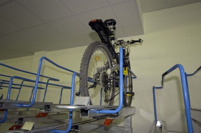 Low angle view of bicycles on staircase