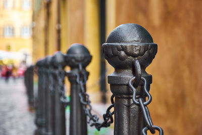 Close-up of statue against metal fence