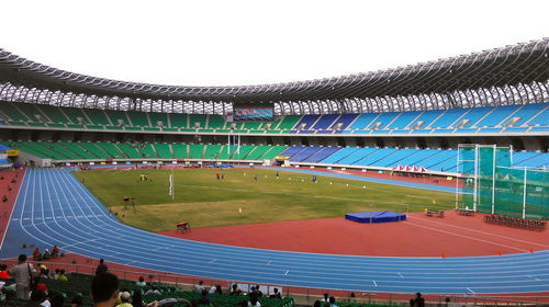 High angle view of people in front of building