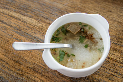 High angle view of soup in bowl on table