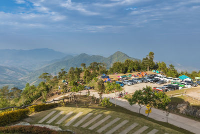 Tent and parking area at khun sathan national park viewpoint, nan, thailand.