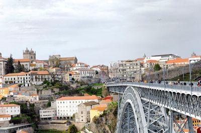 Bridge over river amidst buildings in city against sky