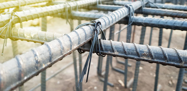 High angle view of bicycle on railing during winter