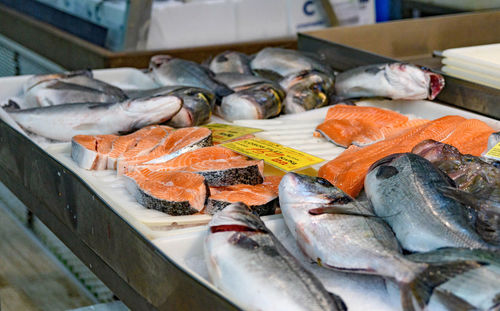 Closeup image of fish and seafood on ice at fish market.