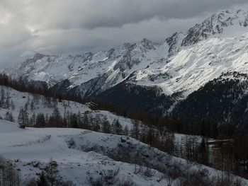 Scenic view of snow covered mountains against sky