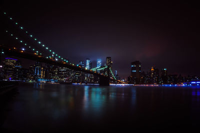 Illuminated modern buildings by river against sky at night