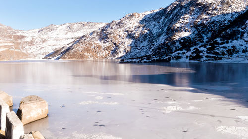 Scenic view of lake by snowcapped mountains against sky