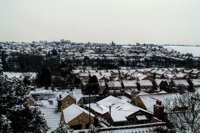 High angle view of townscape against sky during winter