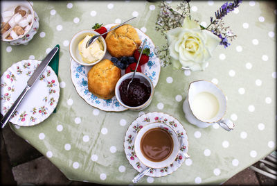 High angle view of breakfast served on table