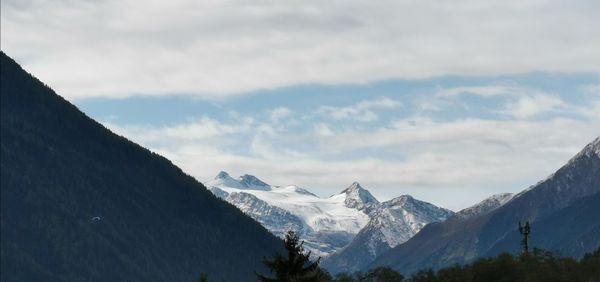 Scenic view of snowcapped mountains against sky