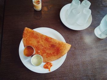 High angle view of breakfast served on table