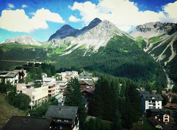 View of town against mountain range