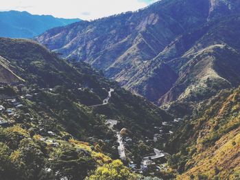 High angle view of valley against sky