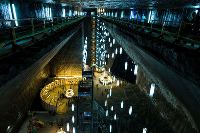 High angle view of illuminated bridge in city at night