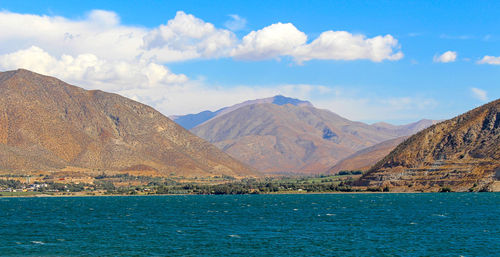 Panoramic view of sea and mountains against sky