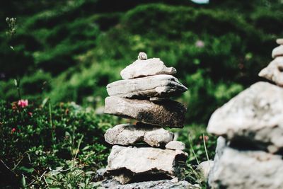 Close-up of stone stack on rock