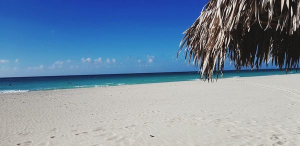 Scenic view of beach against blue sky