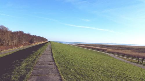 Road amidst green landscape against blue sky