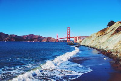 Golden gate bridge against clear blue sky